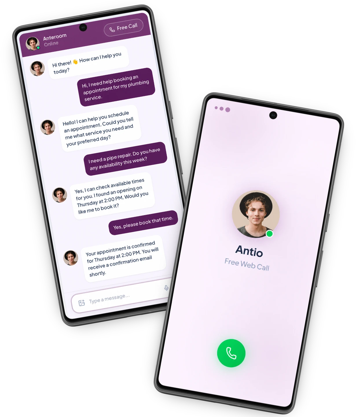 The ComoCalls assistant answering a customer's questions in chat and taking a free web call